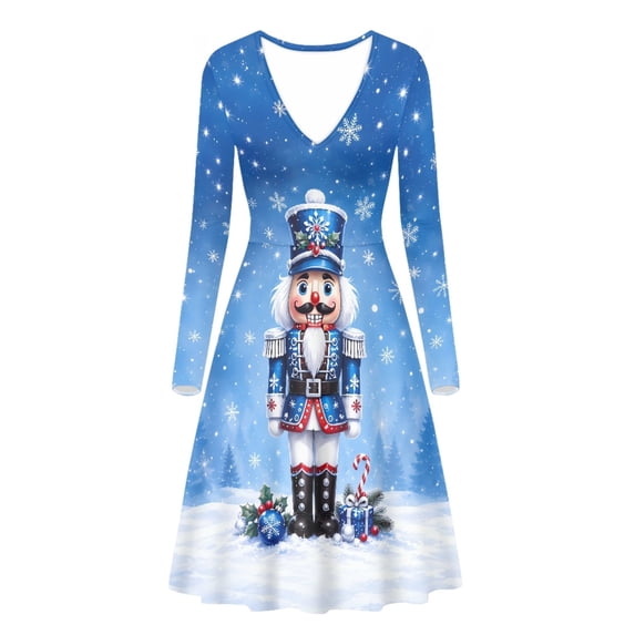Psesaysky Blue Nutcracker Dresses for Women Halter Dress Long Sleeve V ...