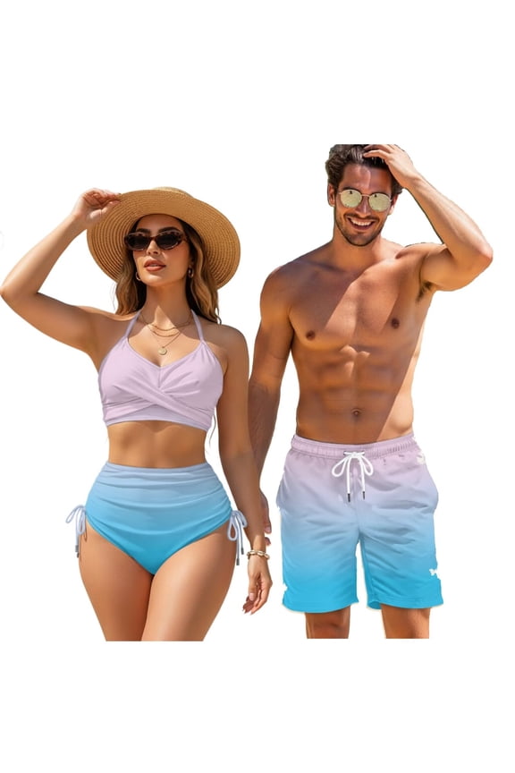 Blue Purple Men's Quick Dry Beach Shorts,Women's Tummy Control Swimwear Crisscross Bikini Sets for Summer Beach Fashion Couple Matching Swimsuits for Wedding Date Party-XL
