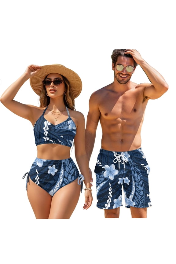 Blue Samo Plumeria High Waist Bikini Sets for Women Summer Beach Two Piece Swimsuit or Mens Swim Trunks Drawstring ,Couples Hawaiian Aloha Luau Swimwear