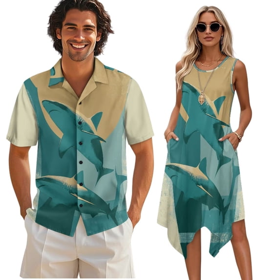Psesaysky Blue Shark Couple Matching Clothes Shirts or Dress for Husband and Wife Matched Date Outfit Buttons Shirts Blouses or Sleeveless Flared Sun Dress for Beach Vacation