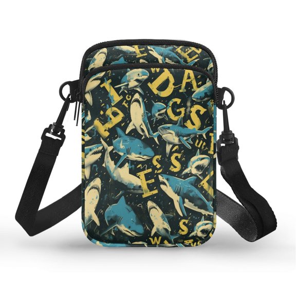 Psesaysky Blue Shark Letter Print Mini Purse, Lightweight Mini Crossbody Messenger Bag Polyester with Zipper Cell Phone Purse for Work Running