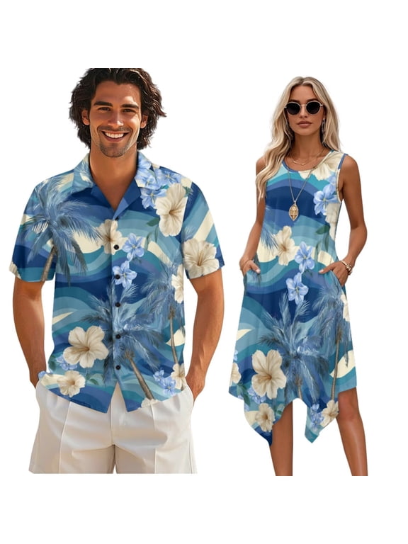 Blue Tropical Palm Hibiscus Tank Top Dress for Women Trendy Sleeveless Sundress Travel Holiday Summer Knee Length Sundress with Pockets Couple Hawaiian Matched Luau Outfit