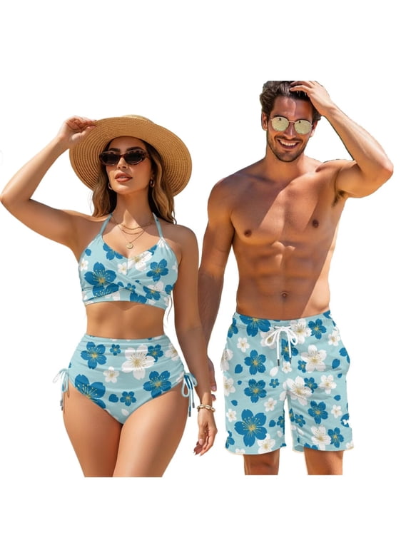 Blue White Hibiscus Matching Couples Set St. Patrick's Day Swimsuits for Couple His or Her High Waisted Bikini Set &Quick Dry Beach Shorts with Pockets for Men Women