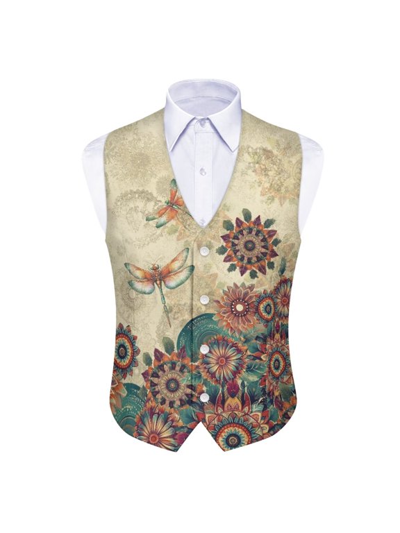 Boho Dragonfly Mandala Suit Vest for Men Casual Formal Business Suit Jacket Retro Style Waistcoat Vest Slim Fit Blazers Vest Tuxedo for Wedding Holiday Party