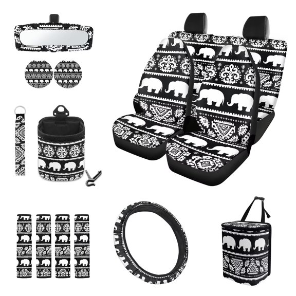 Psesaysky Boho Elephant Elastic Car Interior Accessories Bundle 15Pc Seat Covers, Belt Pads,Cup Coasters Air Vent Pouch Keychain Trash Can View Mirror Cover Steering Wheel Cover Easy Install