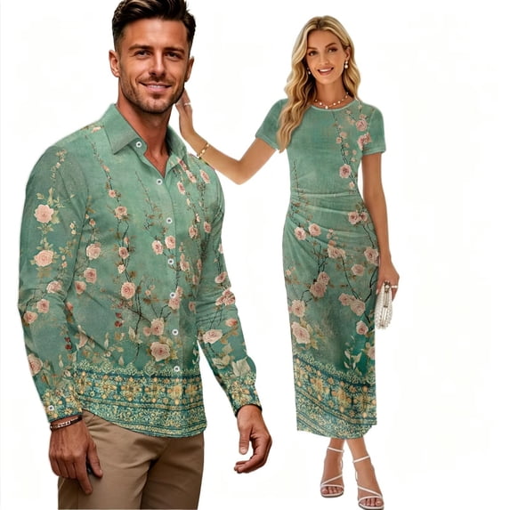 Psesaysky Boho Floral Bodycon Dress for Women,Shirts for Men,Vintage Couple Matched Clothes,Wedding Couple Party Outfit Tropical Vacation Luau Sets Short Sleeve Pencil Maxi Sundress Mens Shirts,S-3XL