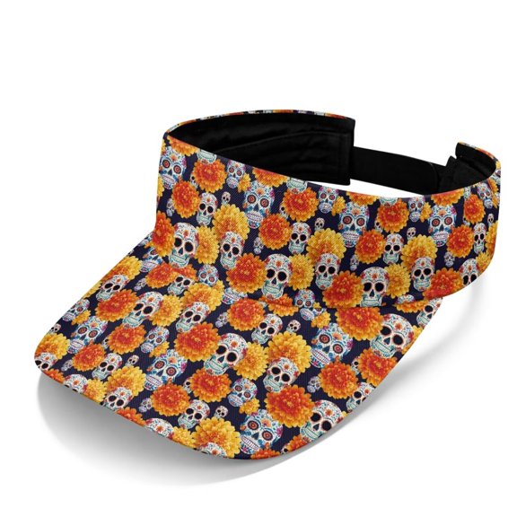 Psesaysky Boho Floral Sugar Skull Print Men’s Women’s Visor Hat Open Top Adjustable for Running Tennis Beach Hiking Outdoor