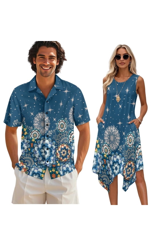 Boho Mandala Matching Hawaiian Outfit for Couples Womens Causal Dresses Sleeveless Tank Flared Sundress with Pockets Plus Size Mens Tropical Aloha Shirts Beach Top