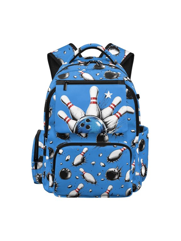 Bowling Print 17 Inch Multi Pocket School Bag, 600D Polyester Bookbag with Padded Straps for Hiking and Travel