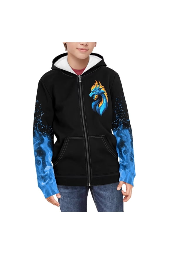 Boys Blue Flame Dragon Hoodie Boy Girls Zip Up Hoodies with Pocket Toddler Boy Kids Cute Sweatshirt Winter Outerwear Jackets 8-10 Years