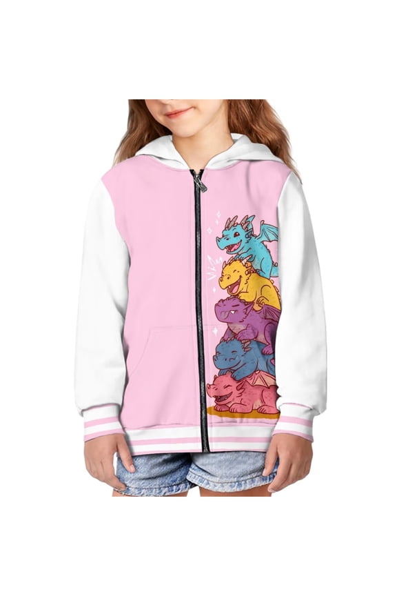 Boys Girls Fleece Hoodies Cartoon Dragon Pink Print Zipper Hoodie Casual Hooded Sweatshirts with Pocket Winter Coat Jacket for Age 8-10 Kids
