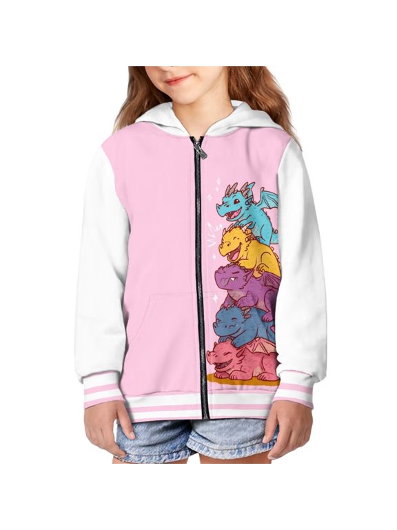 Boys Girls Fleece Hoodies Cartoon Dragon Pink Print Zipper Hoodie Casual Hooded Sweatshirts with Pocket Winter Coat Jacket for Age 8-10 Kids