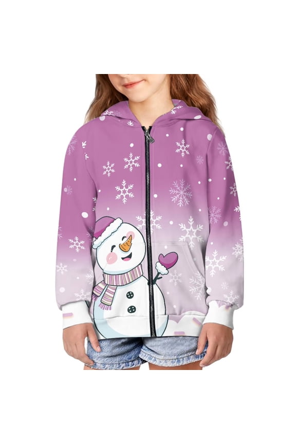 Boys Girls Fleece Hoodies Cute Snowman Purple Zipper Hoodie Casual Hooded Sweatshirts with Pocket Winter Coat Jacket for Age 11-13 Kids