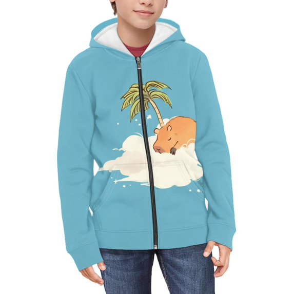 Psesaysky Boys Girls Hoodies Capybara Palm Tree Printed Cute Hooded Jacket Lightweight 14-16 Years Long Sleeve Zip Up Sweatshirt for Kids