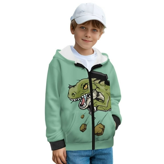Psesaysky Boys Hoodie Dinosaur Print Green Jacket Sweatshirt with Pocket Winter Coat Jacket for Boys Zip Hooded Long Sleeve Tops, Size L