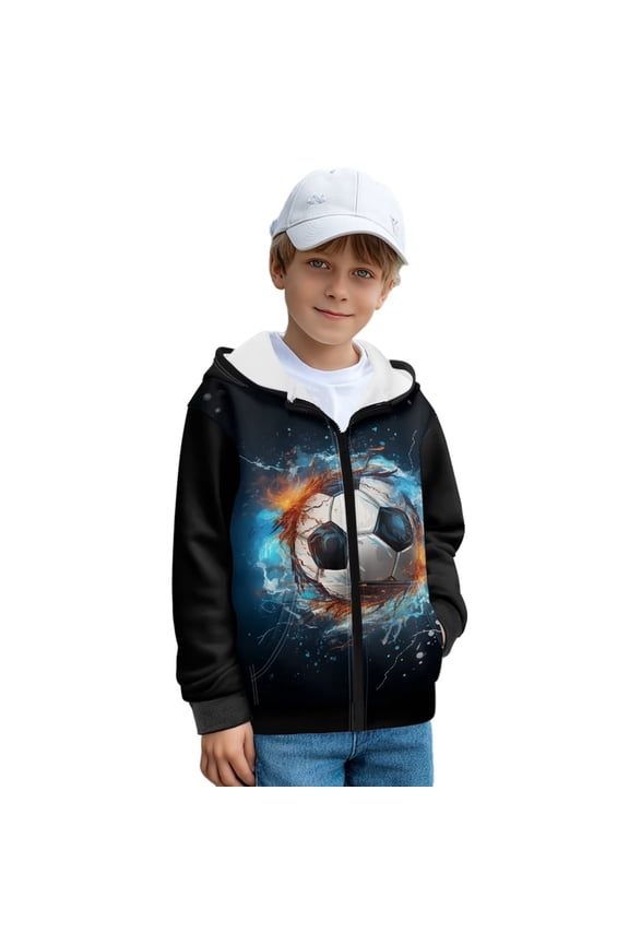 Boys Hoodie Graffiti Soccer Print Jacket Sweatshirt with Pocket Winter Coat Jacket for Boys Zip Hooded Long Sleeve Tops, Size M