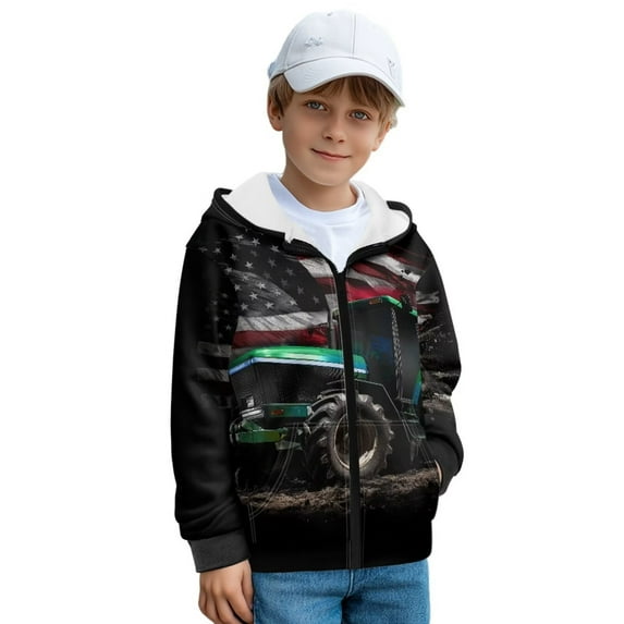 Psesaysky Boys Sweatshirt USA Tractor Print Hoodie Cozy Soft Winter Jacket Coat with Pocket Zip Up Hoodie for Boys, Size XL