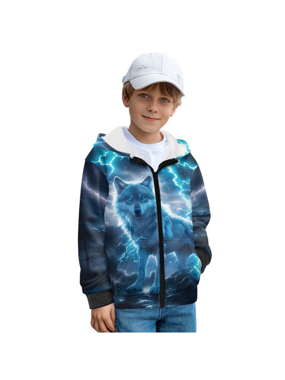 Boys Winter Jacket Blue Wolf Lightning Print Boys Hoodies Kids Full Zip Hoodie Boys Jacket Warm Cozy Outwear Coat with Pockets, Size L