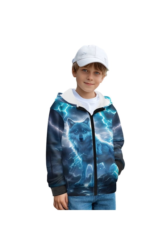 Boys Winter Jacket Blue Wolf Lightning Print Boys Hoodies Kids Full Zip Hoodie Boys Jacket Warm Cozy Outwear Coat with Pockets, Size XL