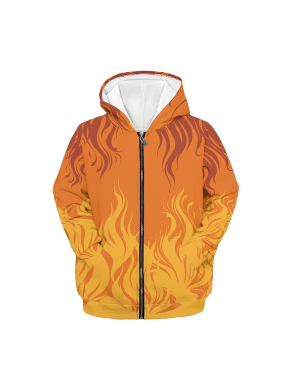 Boys Zip up Hoodies with Orange Flame Pattern, Pockets Casual Long Sleeve Hooded Coat for School Fall, Stretch Polyester Kids Full Zip Sweatshirt