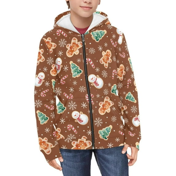 Psesaysky Boys Zip Up Hoodie Kids Gingerbread Man Snowman Brown Oversized Long Sleeve Sweatshirt Jacket with Pockets Winter Warm Clother 14-16 Years