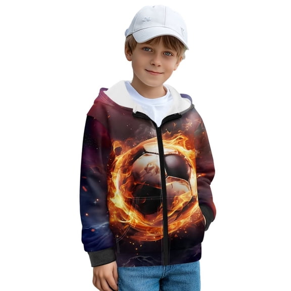 Psesaysky Boys Zip Up Hoodies Soccer Flame Print Teen Hooded Sweatshirts Warm Jackets Kids Fall Fashion Outfits Winter Clothes, Size S