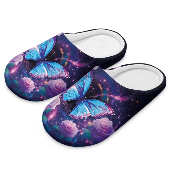 Psesaysky Bright Butterfly Rose Print Womens House Slippers Closed Toe Slide Soft Sole Indoor Slippers for Women Men Home Shoes, Size 9-10