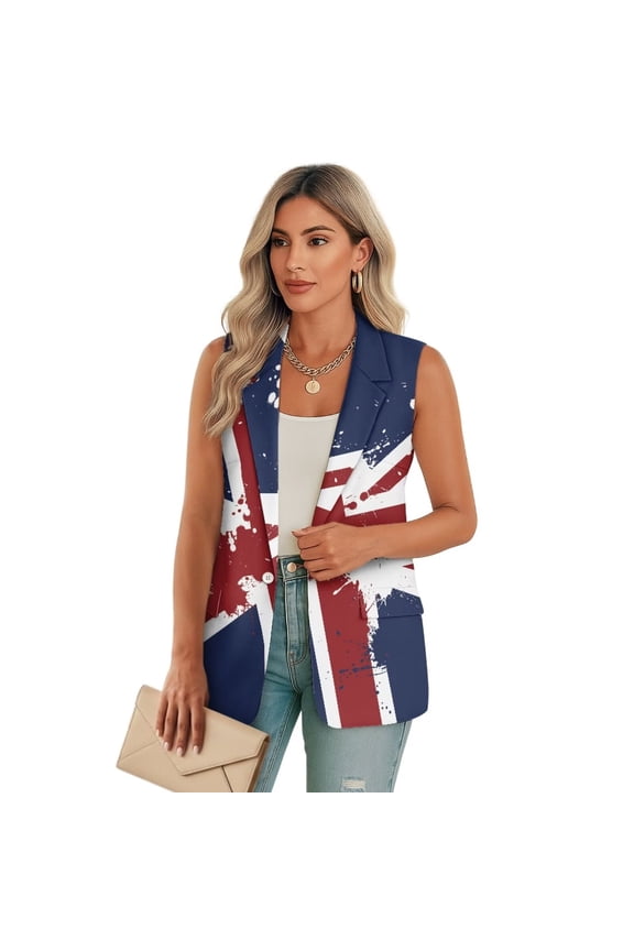 British Flag Print Womens Casual Blazers Open Front Sleeveless Work Office Suit Jackets Blazer Lapel Collar Suit Vest with Pockets, Size 2XL