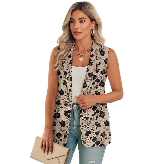Psesaysky Brown Animal print Blazer Vest for Women Business Casual Sleeveless Open Front Suit Vest Lapel One Button Suit Waistcoat, Size L