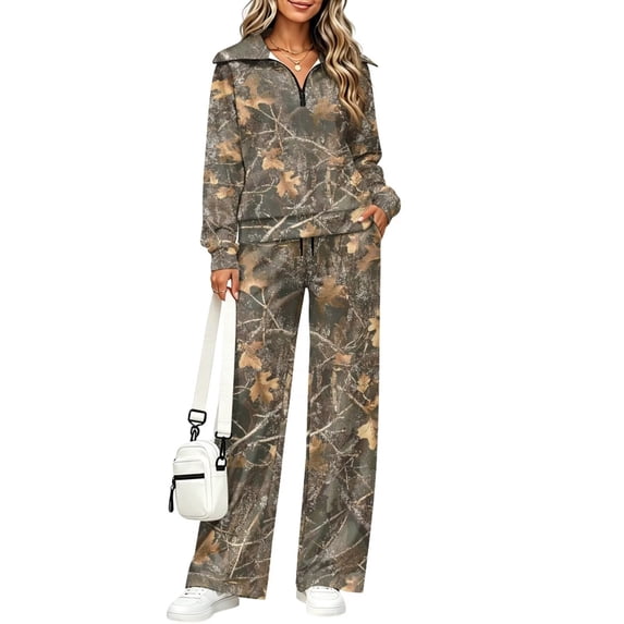 Psesaysky Brown Camo Hunting Womens 2 Piece Half Zip Jogging Outfit ...