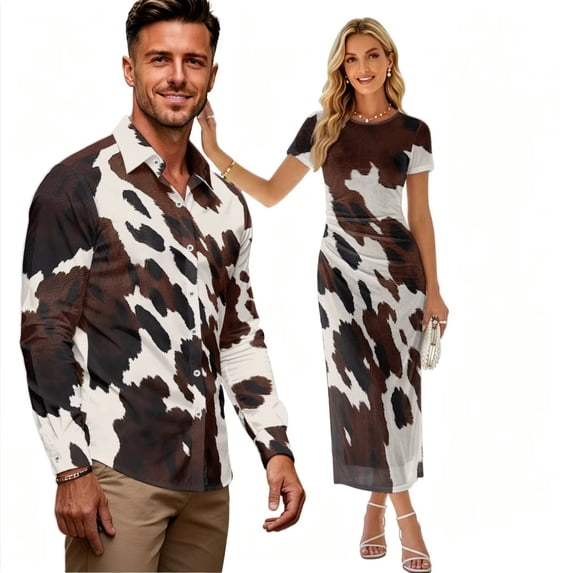 Psesaysky Brown Cow Print Couples Outfits His and Her Matching Sets Boho Short Sleeve Dress Polo Shirts or Elegant Bodycon Dress for Men and Women Matching Festival Party Outfits,S-3XL