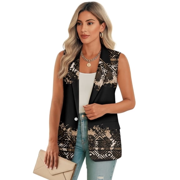Psesaysky Brown Ethnic pattern Women Sleeveless Waistcoat Blazers Trendy Lightweight Lapel Collar Vest Coat with 2 Pockets, Size L