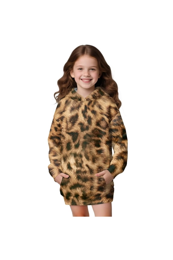 Brown Leopard Print Long Hoodie Sweatshirts for Girls - Soft Long Sleeve Pullover Hoodie Dress Stylish Fall Winter Shirt for 13-14 Years