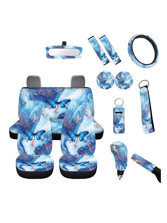 Butterfly Blue Marble Car Seat Covers Full Set Auto Steering Wheel Cover Gear Lever Handbrake Protectors Car Seat Belt Pads Car Interior Coasters Front Mirror Cover Keychain