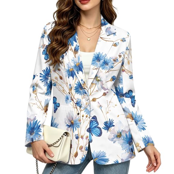 Psesaysky Butterfly Daisy Print Blazers for Women Work Casual Office Business Suits, Open Front Long Sleeve Jackets with 2 Pockets, Plus Size One Button Slim Fit Blazer Coat, Stretch Trendy Outerwear