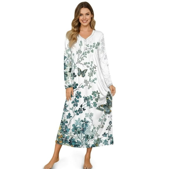 Psesaysky Butterfly Floral Print Nightgowns for Women Button Down Soft House Dress Warm Long Sleeve Night Gowns Comfy Sleepwear Winter Loungewear, Large