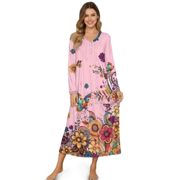 Psesaysky Butterfly Flower Print Nightgowns for Women Pink Long Sleeves Nightgown Soft Sleepwear Button V Neck Sleepshirt Long Nightgown for Pajama Party, Medium