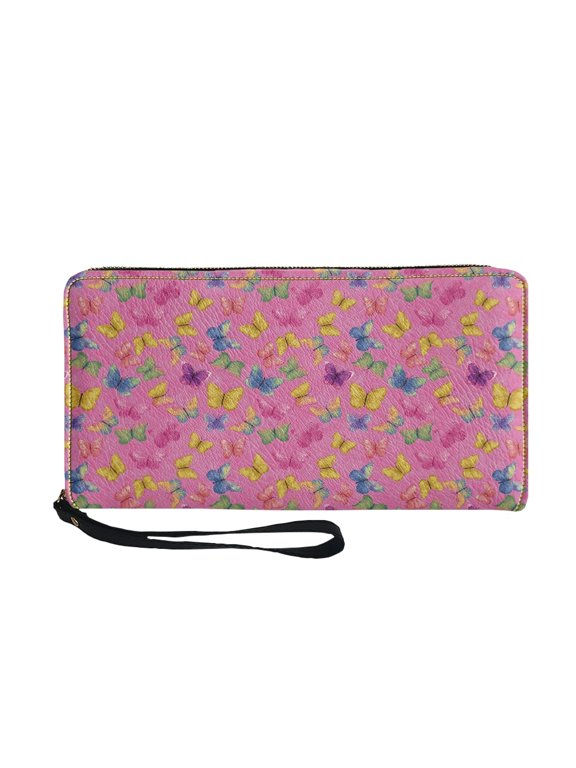 Butterfly Garden Pattern Zip Around Ladies Travel Purse for Dating Shopping Work, PU Leather Zipper Women's Wallets
