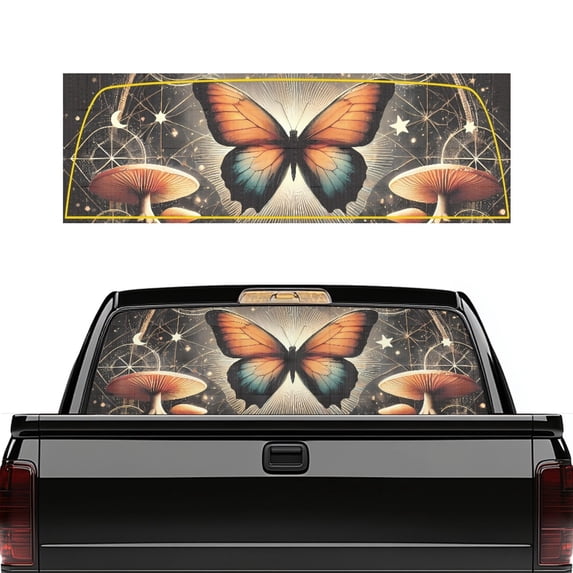 Psesaysky Butterfly Mushroom Truck Back Window Decal 66.9" x 22.4", Perforated Vinyl Window Stickers, Universal Anti UV Fit Most Pickup Trucks for Personalized Decoration