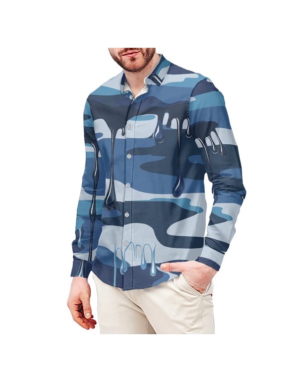 Camo Ink Drip Mens Business Shirt Hawaiian Shirts Casual Camouflage Button Down Dress Shirts Breathable Long Sleeve Blouse Athletic Tee Tops for Man
