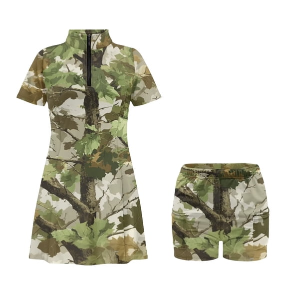 Psesaysky Camo Leaves Hunting Tennis Dress for Women Zipper Collared Athletic Dresses with Elastic Belt Inner Shorts&Pockets Slim Fit Summer Mini Sundress