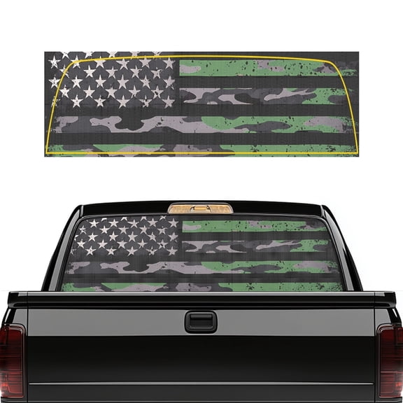 Psesaysky Camouflage US Flag Green Truck Rear Window Sticker, Durable Vinyl, UV Protection See Through Pickup Car Window Stickers Waterproof