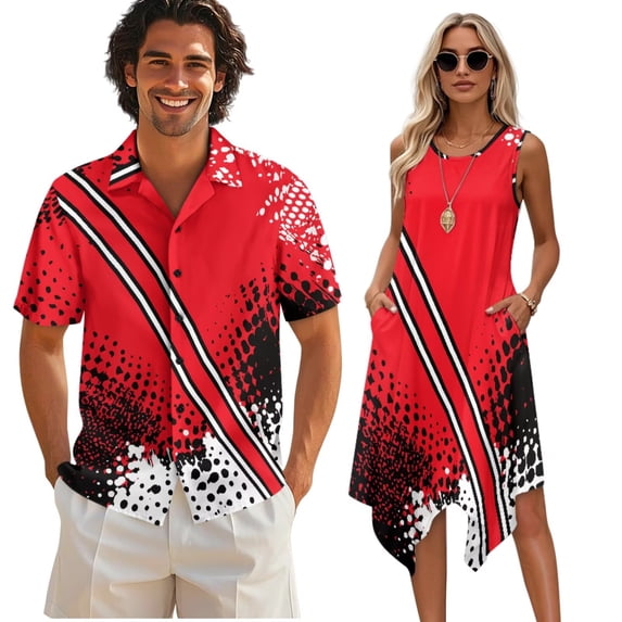 Psesaysky Canadian Design Aloha Shirts and Tank Sundress Plus Size Couples World Cup Matching Outfits Mens Button Down Shirts or Women Sleeveless Beach Sundress Cover up with Pockets-4XL