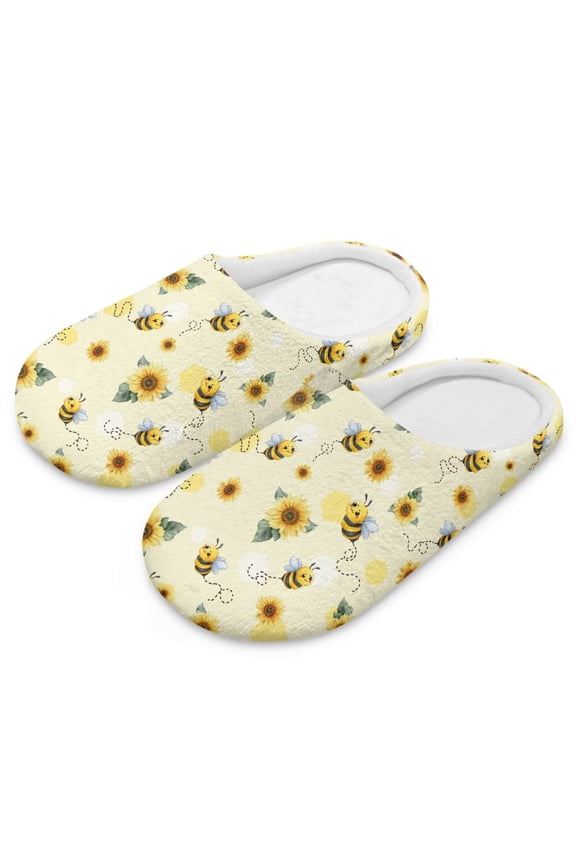 Cartoon Bees Sunflower Print Closed Toe House Slippers for Woman Men Soft Cotton Indoor Slippers Comfortable Slip On Bedroom Shoes, Size 6-7
