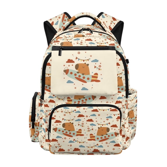 Psesaysky Cartoon Capybara on Airplane Print Breathable Travel Ruckpack for Daily Use School, Padded Straps Multi-Pockets 600D Polyester Kids Backpack