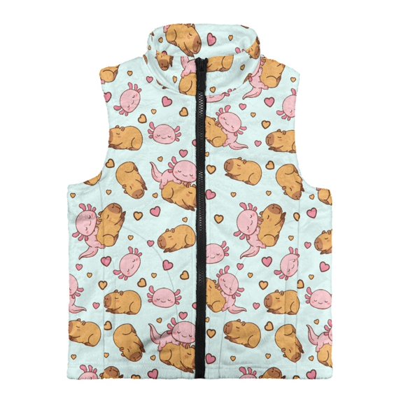 Psesaysky Cartoon Capybara & Axolotl Sleeveless Fleece Jacket Soft with Lightweight Polyester Kids Zip Up Vest for Daily Life Spring