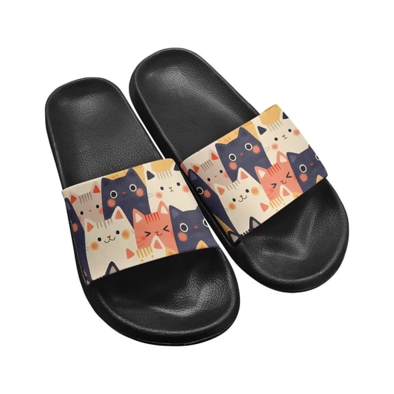 Psesaysky Cartoon Cats Print Slide Sandals for Girl Students Summer Essential House Sandals for Women Non-Slip Lightweight Flexible Beach Slides Black Sole Size 6.5