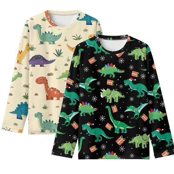 Psesaysky Cartoon Dinosaur Boy Long Sleeve Shirts 2 Pack Round Neck Tops Casual Lightweight T-Shirts Trendy Pullover Tees for Kids 3-4 Years