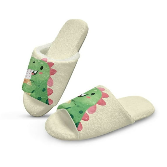 Psesaysky Cartoon Dinosaur Print Winter House Slippers for Women Men, Lightweight Fabric Casual Cotton Slide, Non-Slip Open Toe Home Shoes, Indoor and Outdoor, Size 7.5-8.5