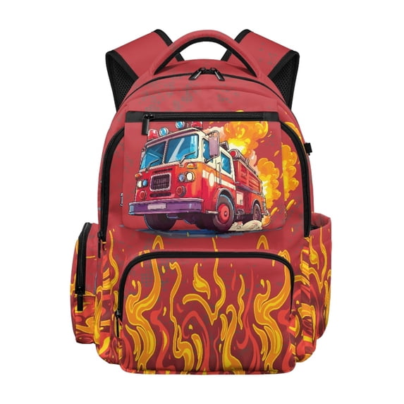 Psesaysky Cartoon Fire Truck with Flame Pattern Multi-Pocket Book Bag for Daily School Daily Commute, Waterproof Multi Pocket 600D Polyester School Bookbags